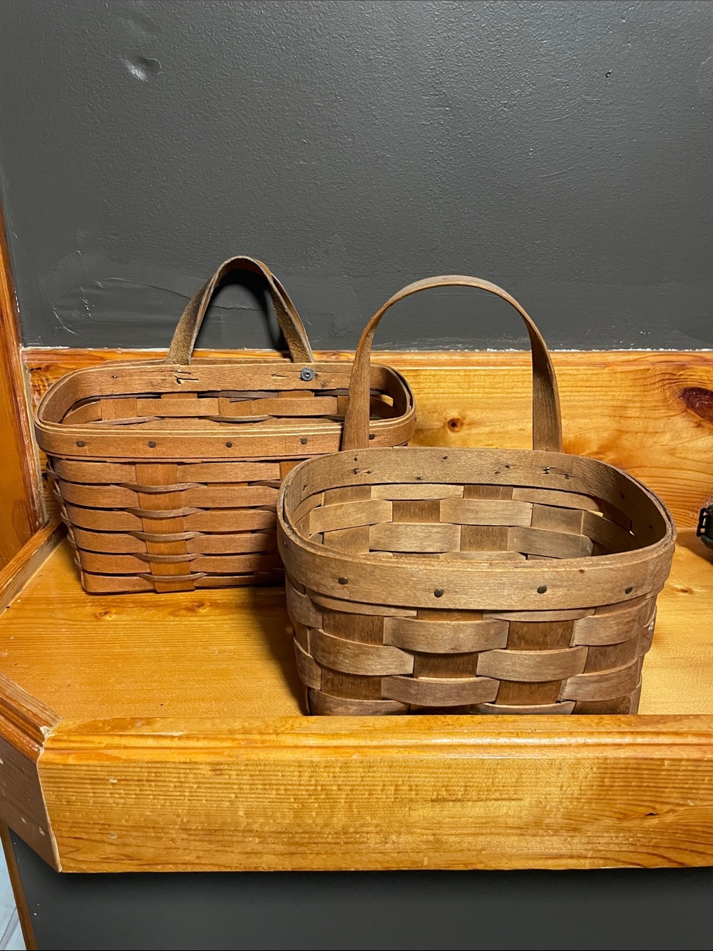 Handwoven Vintage Cottagecore Brown Wooden Storage Baskets with Handles